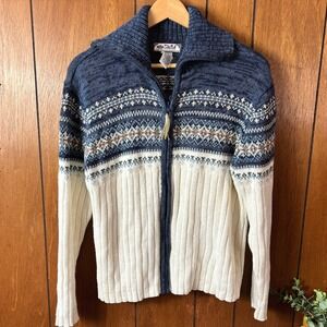 Vintage Tiara Intl Women's Blue Knit Fair Isle Ribbed Zipper Sweater Fisherman